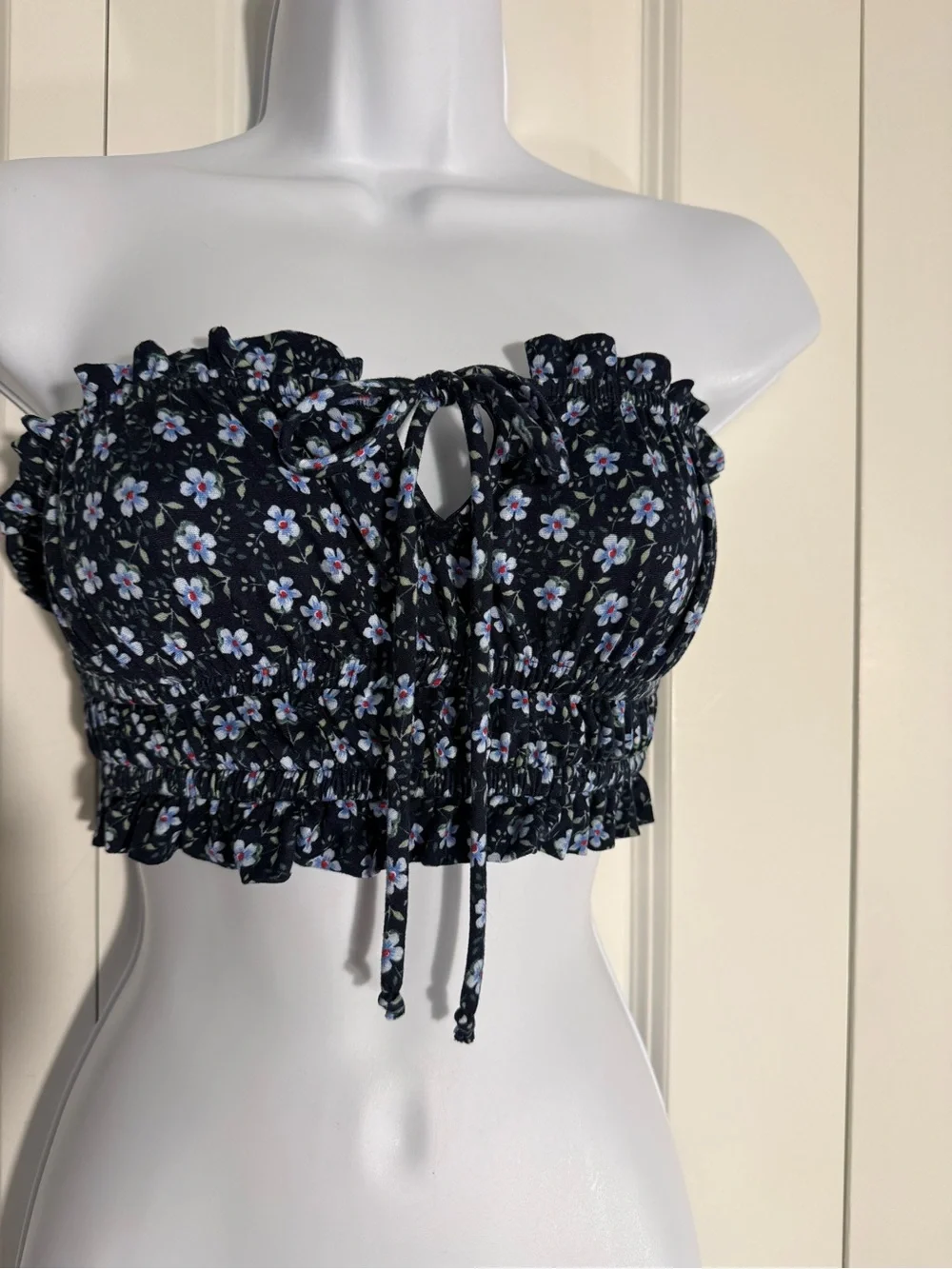 Urban Outfitters Navy Blue Floral Smocked Strapless Crop Top